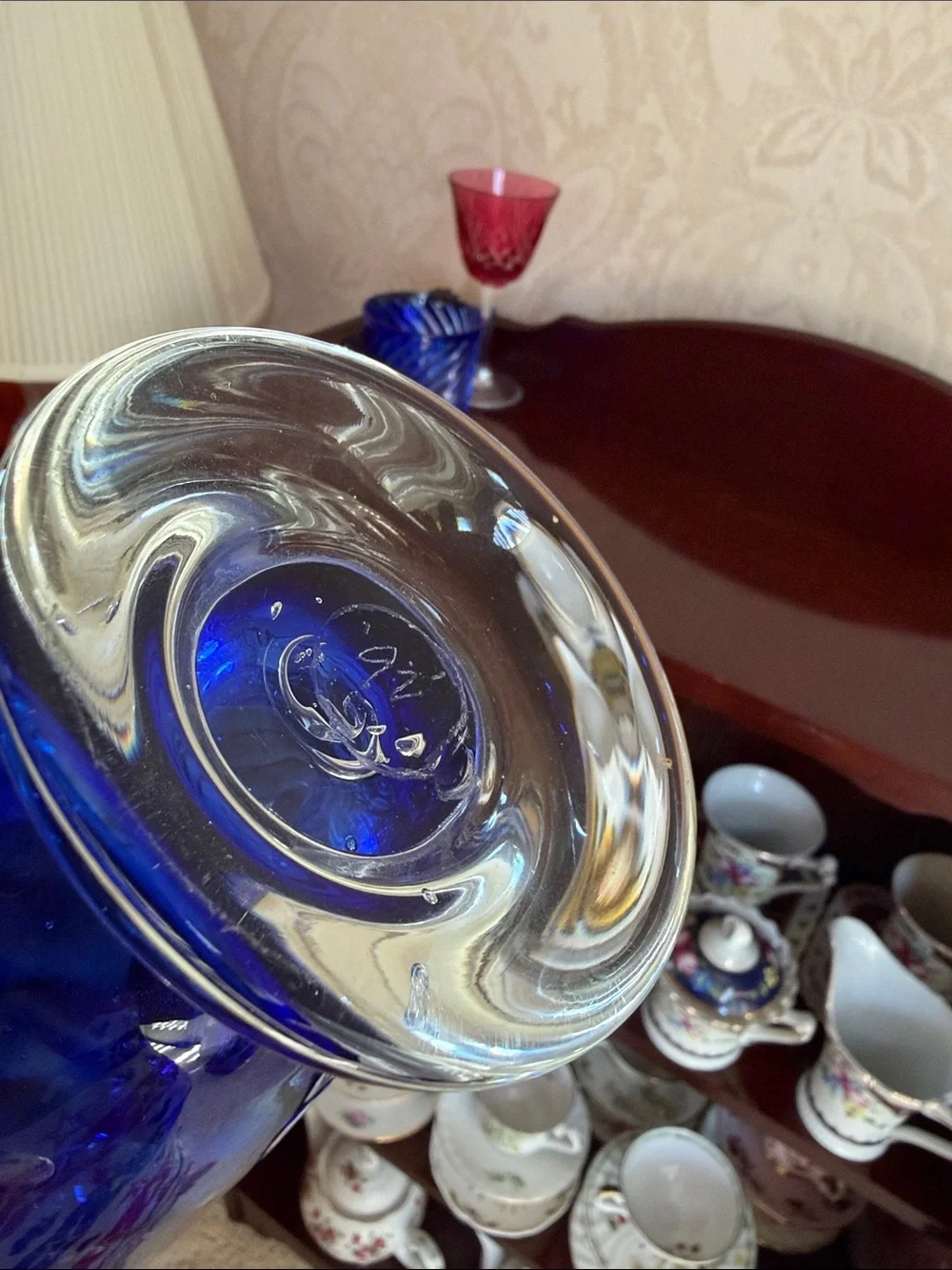 Large hand blown Cobalt Blue Art Glass Dot Pattern Vase